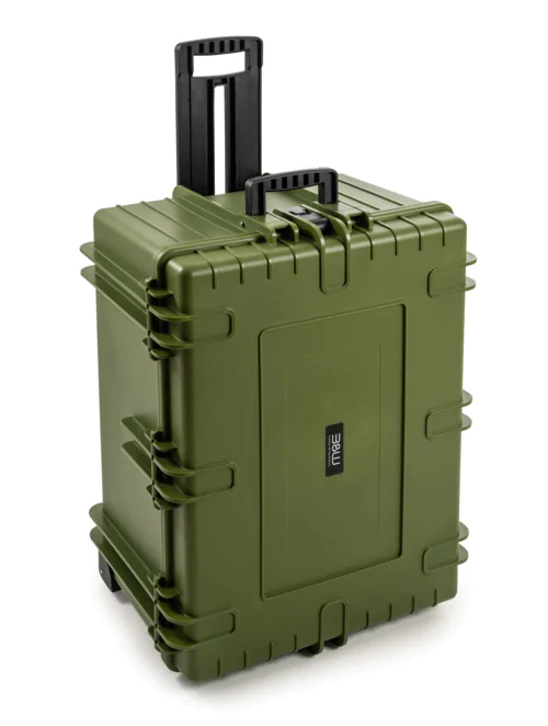 B&W Outdoor Case Type 7800 (PP.1570) with Wheels: Black - Three-Quarter Up-right Handle Extended