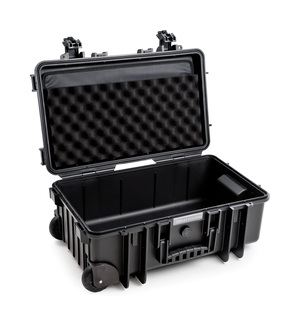 B&W Outdoor Case Type 6600 (PP.260) with Wheels: Black - Three-Quarter Front Open Lid Foam