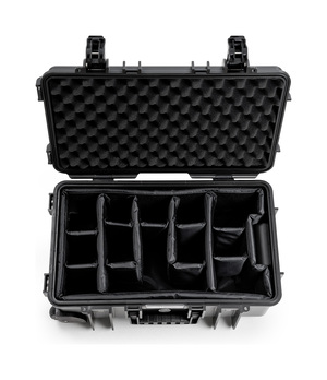 B&W Outdoor Case Type 6600 (PP.260) with Wheels: Black - Top View Open Dividers