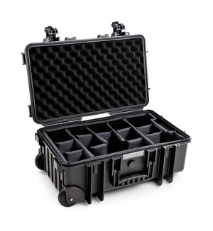 B&W Outdoor Case Type 6600 (PP.260) with Wheels: Black - Three-Quarter Front Open Dividers