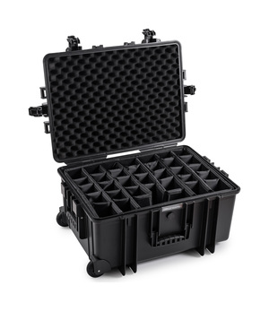 B&W Outdoor Case Type 6800 (PP.709) with Wheels: Black - Three-Quarter Front Open Dividers