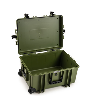B&W Outdoor Case Type 6800 (PP.709) with Wheels: Bronze Green - Three-Quarter Front Open