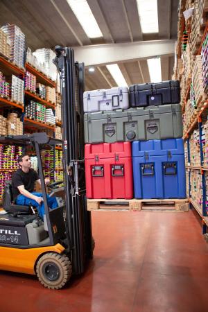 Peli ISP2 Rotomoulded Cases stacked on Europallet on a forklift
