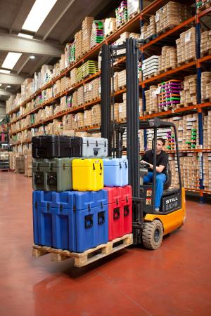 Peli ISP2 Rotomoulded Cases stacked on Europallet on a forklift