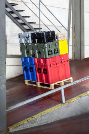 Peli ISP2 Rotomoulded Cases stacked on Europallet on a slope